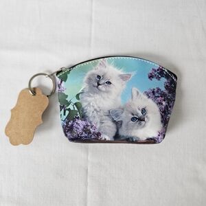 Cat Kitten Coin Purse Zipper Flowers With Keyring